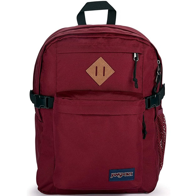 Maroon Jansport backpack with a brand logo on a white background