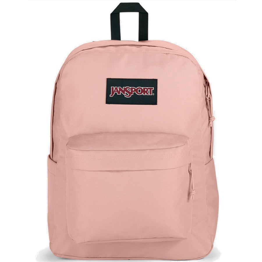 Pink backpack with a black handle and Jansport logo on a white background