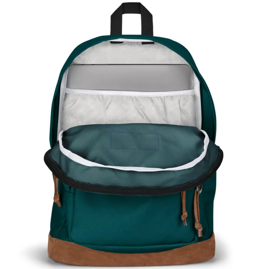Green Jansport backpack with a brown base on a white background