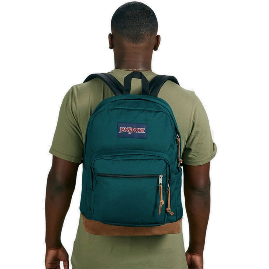 Person wearing a teal Jansport backpack with a visible brand logo on a white background