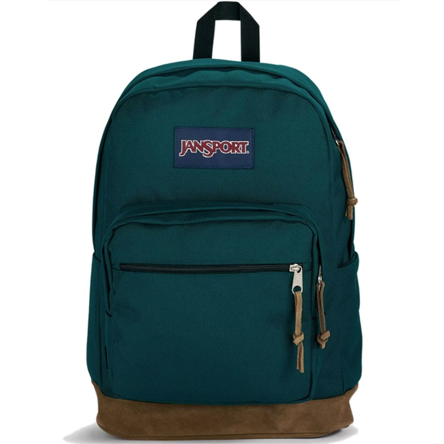 Teal backpack with brown bottom and JanSport logo on a white background