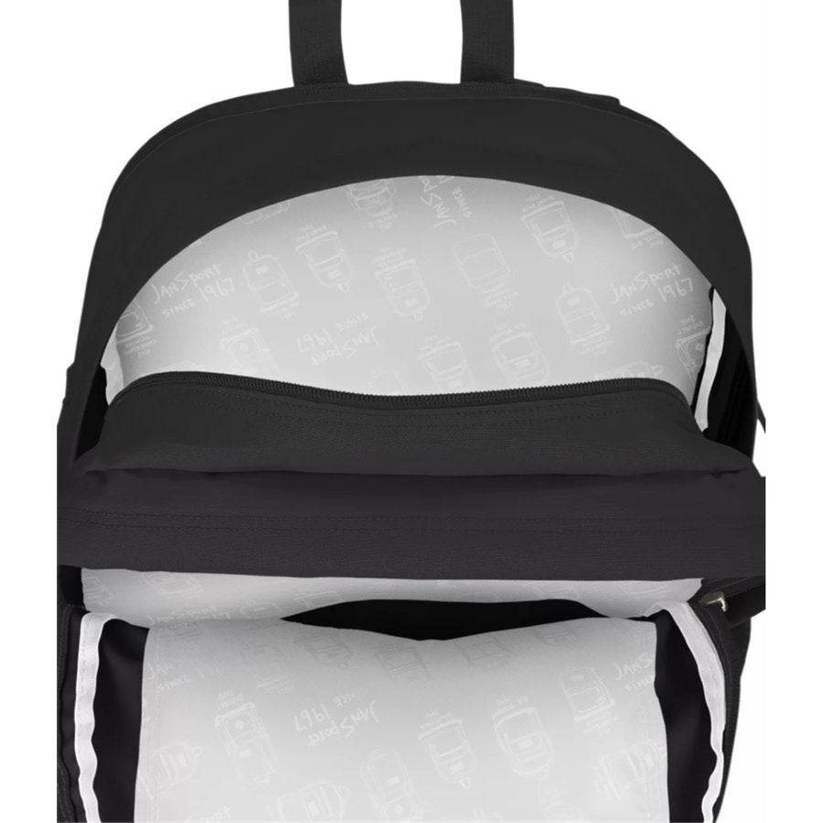 Black Jansport backpack with white interior padding on a white background