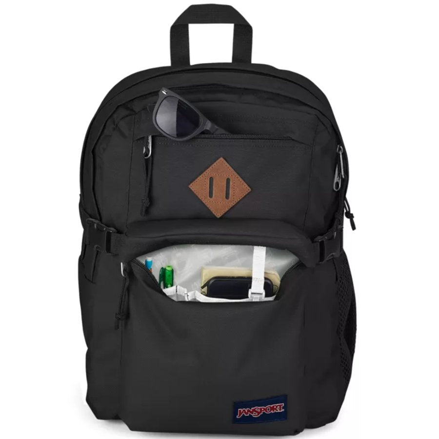 Black Jansport backpack with a brand logo on a white background