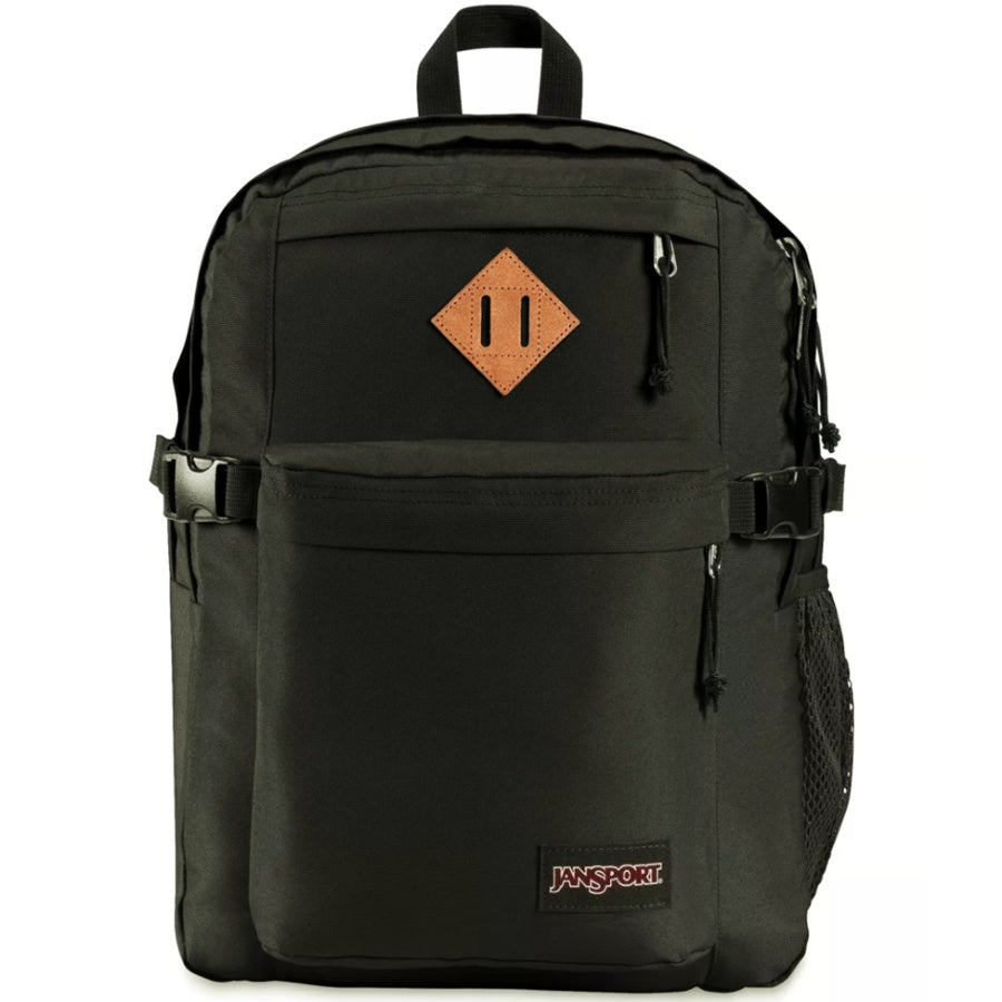 Black Jansport backpack with a brown logo on a white background