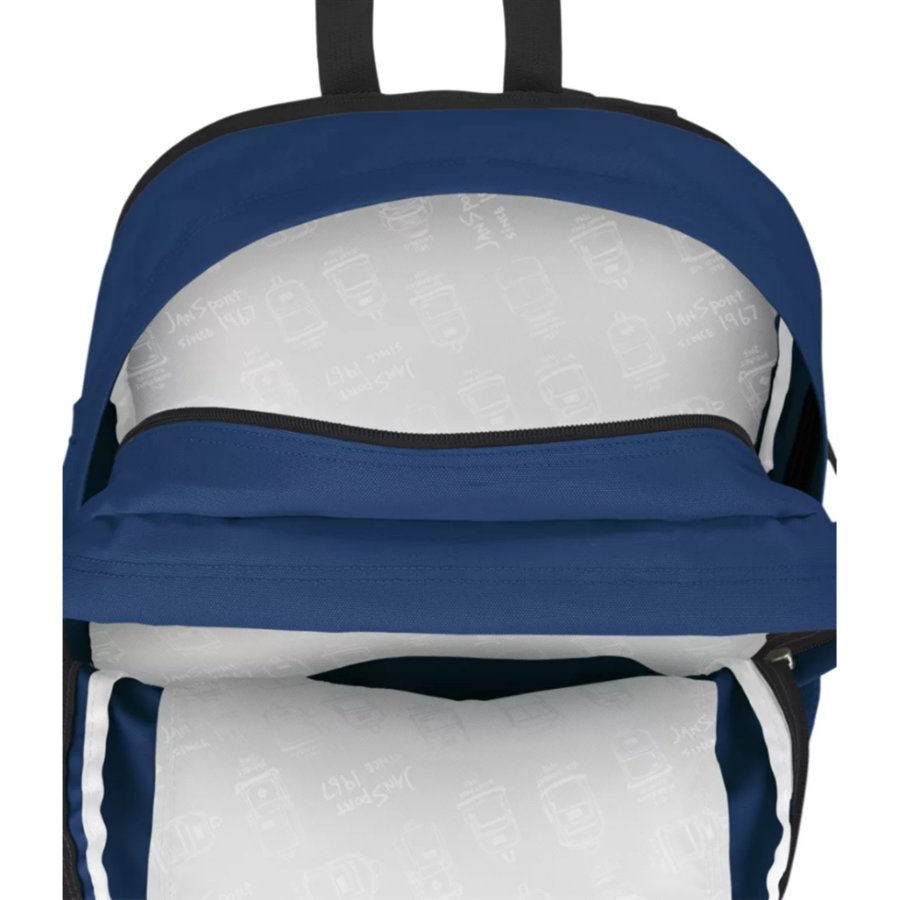 Blue Jansport backpack with white interior padding on a white background