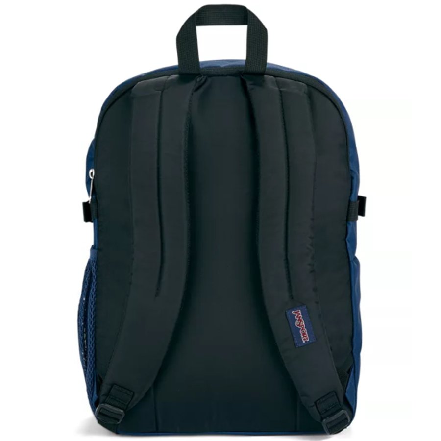 Navy blue Jansport backpack with a visible brand logo on a white background