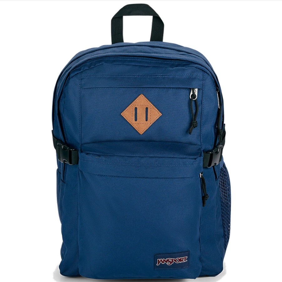 Blue Jansport backpack with a brown logo on a white background