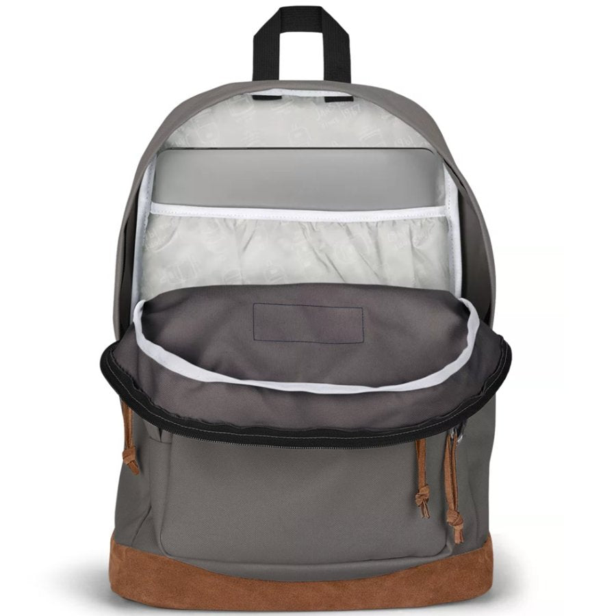 Gray and brown Jansport backpack on a white background