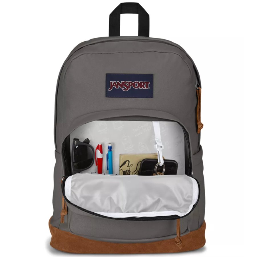 Gray backpack with brown accents and a visible JanSport logo on a white background