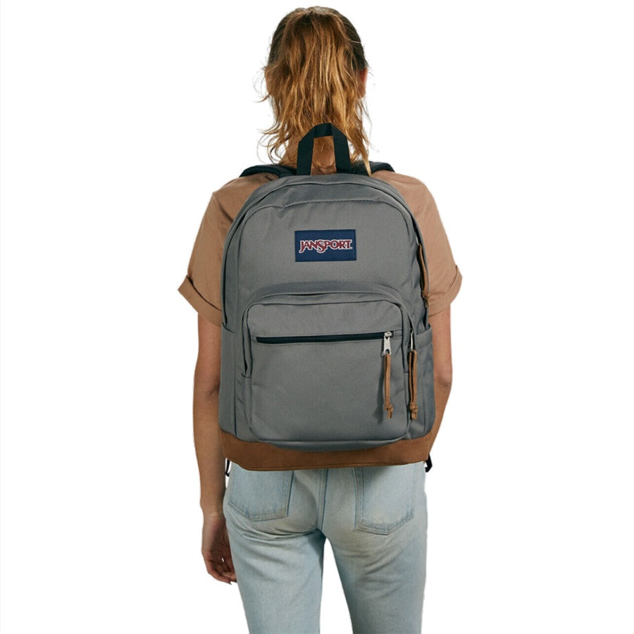 Person wearing a gray Jansport backpack with a visible brand logo on a white background