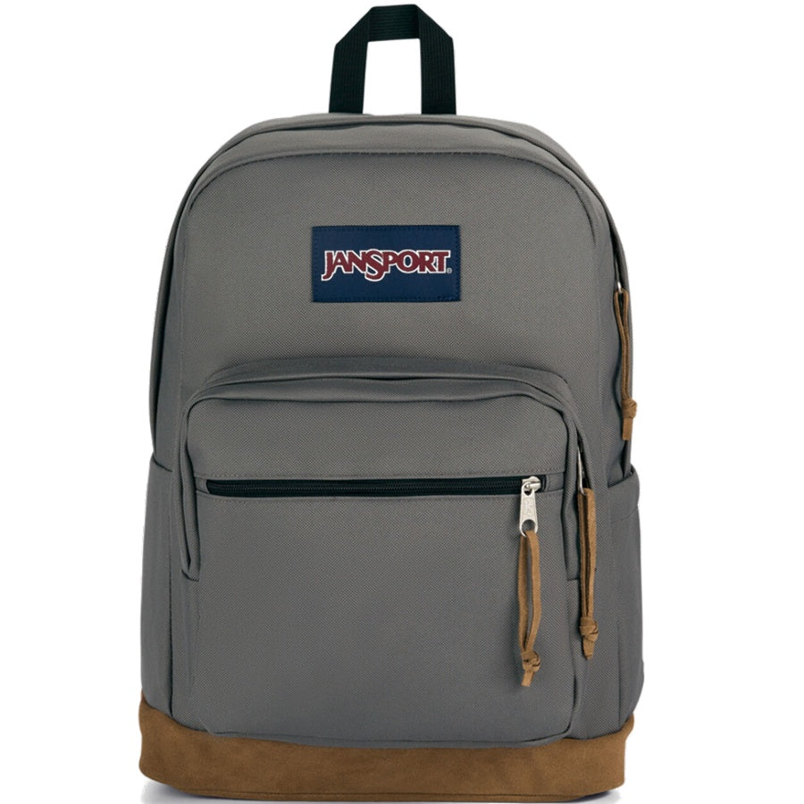 Gray backpack with brown bottom and Jansport logo on a white background