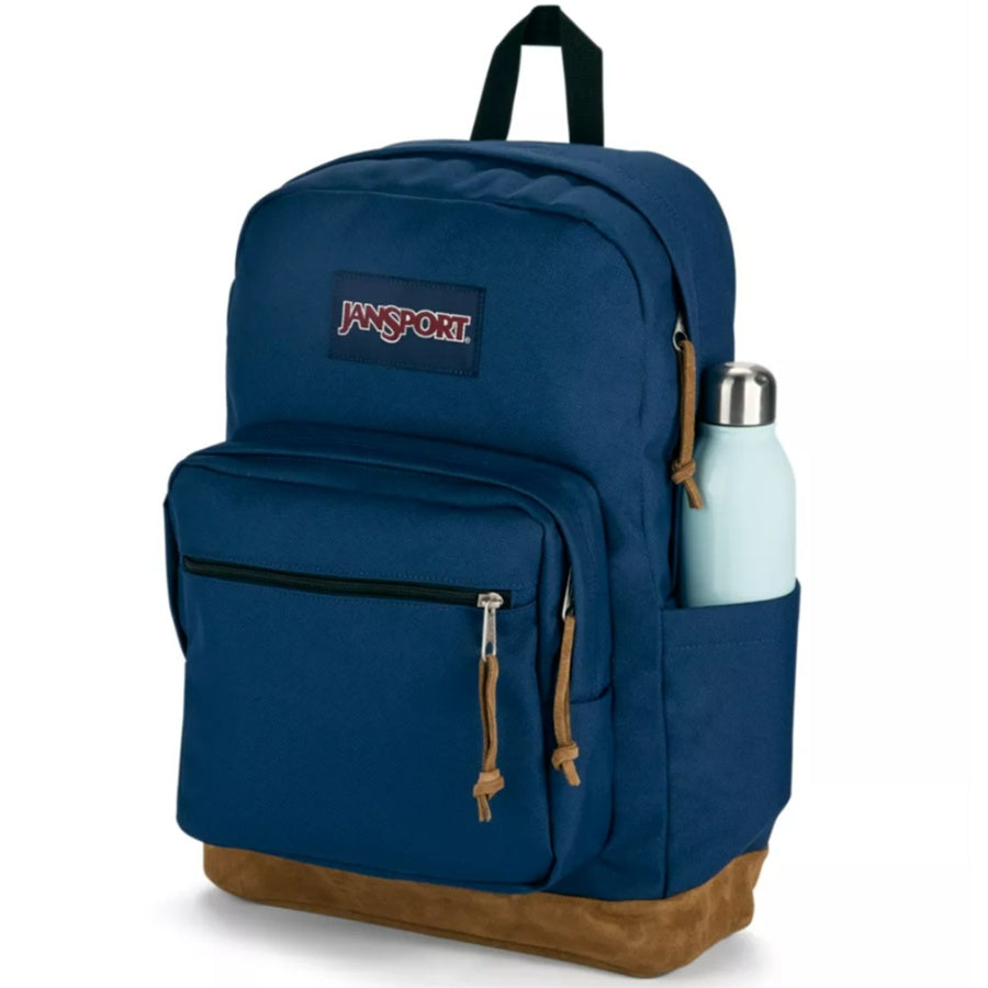 Blue backpack with brown bottom and Jansport logo on a white background