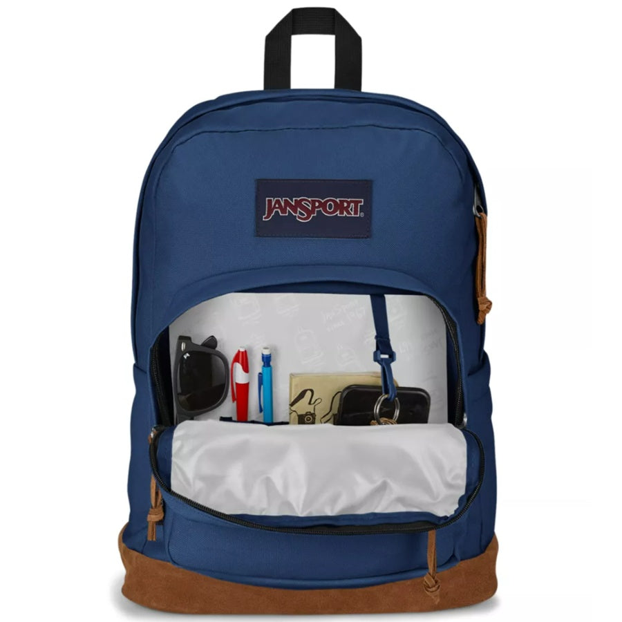 Blue backpack with brown accents and a visible JanSport logo on a white background