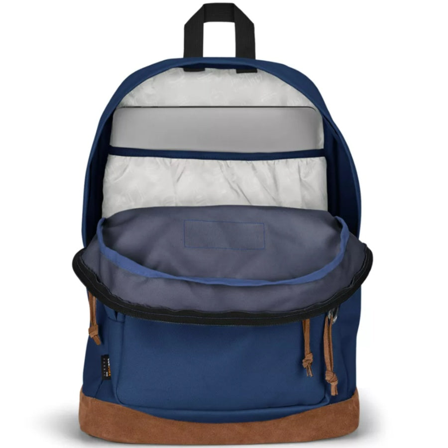 Blue Jansport backpack with brown bottom section on a white background