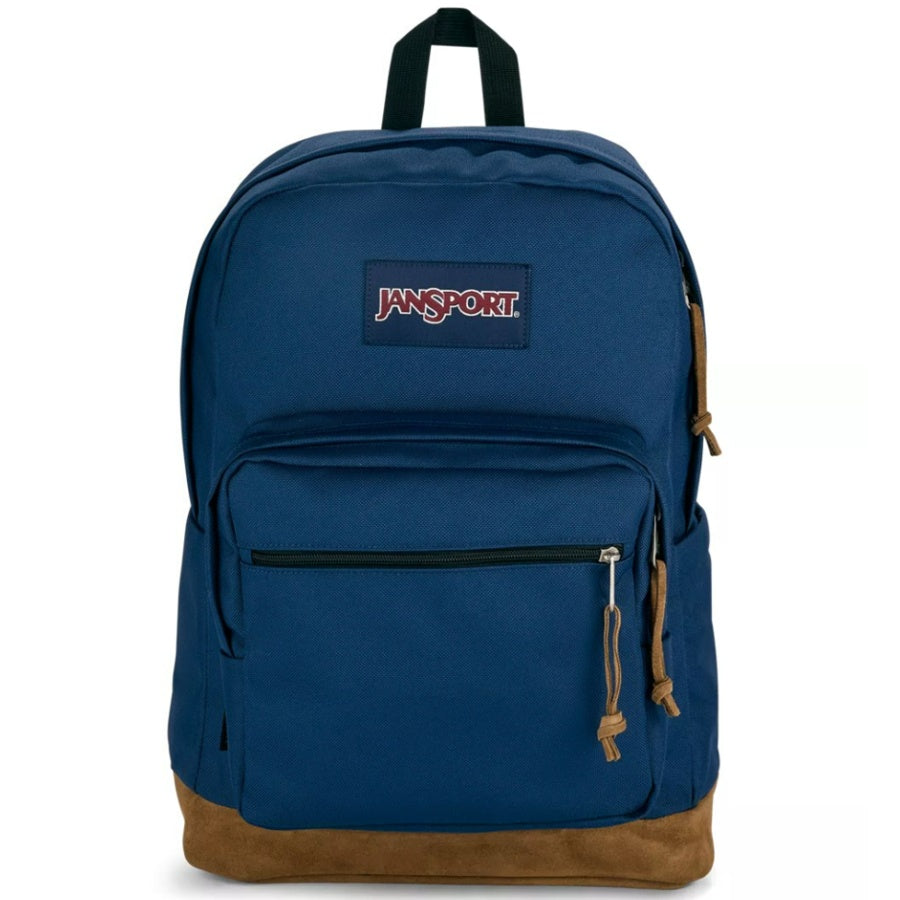 Blue backpack with brown bottom section and Jansport logo on a white background