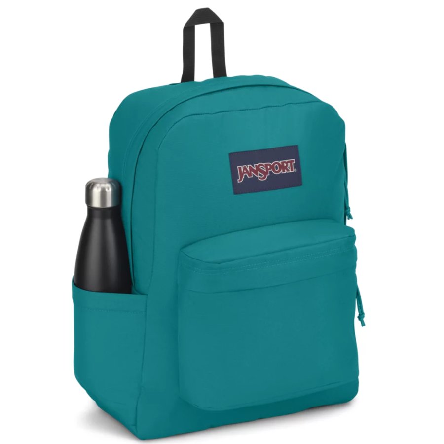 Teal backpack with a water bottle in the front pocket on a white background