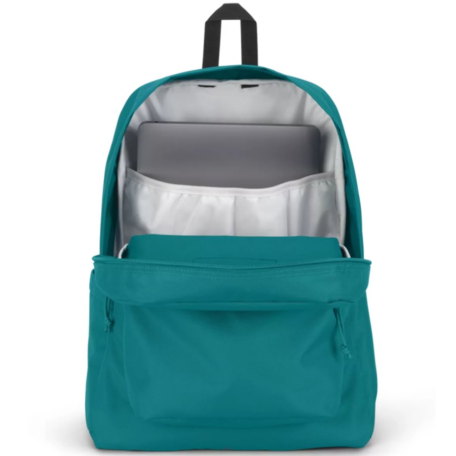 Teal backpack with open front compartment on a white background