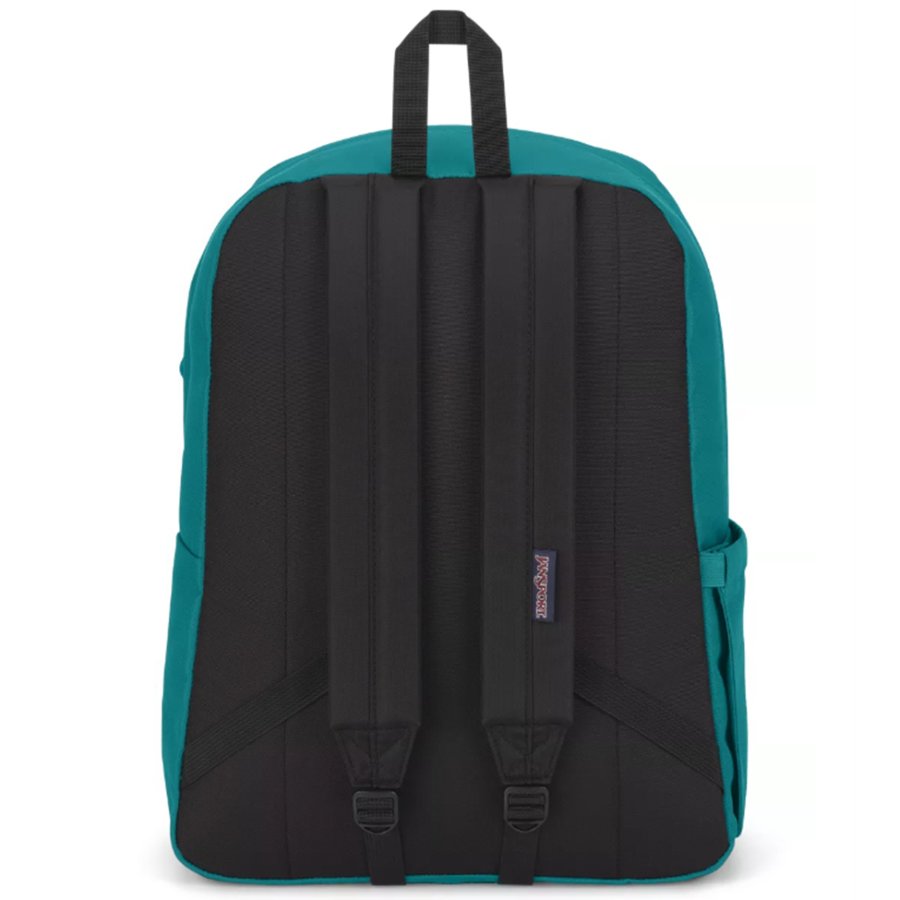 Teal and black backpack with a visible brand logo on a white background