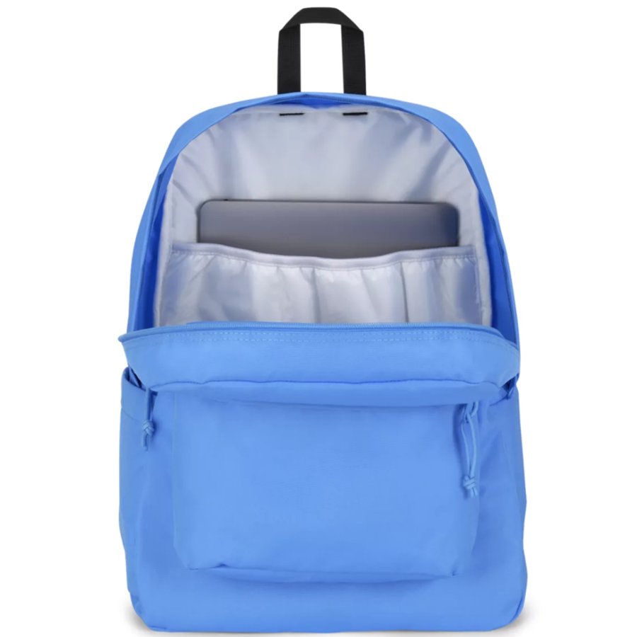 Blue Jansport backpack with a laptop compartment on a white background