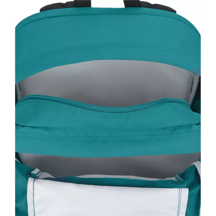 Close-up of a teal backpack with a gray interior with a pocket.