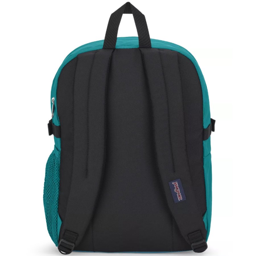 Teal and black Jansport backpack with a visible brand logo on a white background