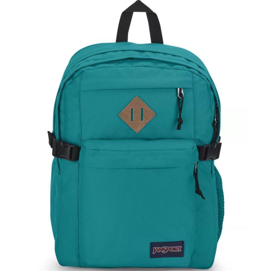 Teal Jansport backpack with a brand logo on a white background