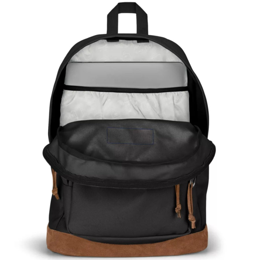Black Jansport backpack with brown bottom section on a white background