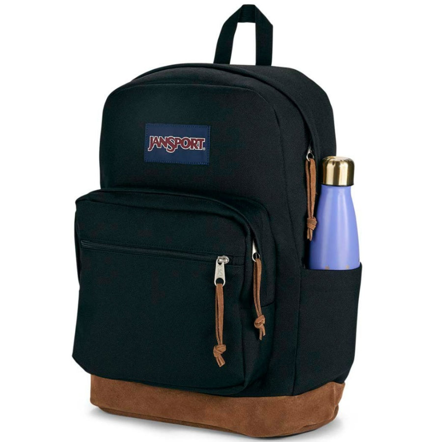Black Jansport backpack with brown bottom section and Jansport logo, featuring a water bottle.
