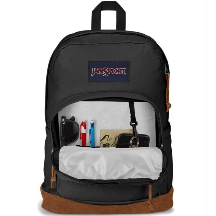 Black JanSport backpack with brown accents on a white background