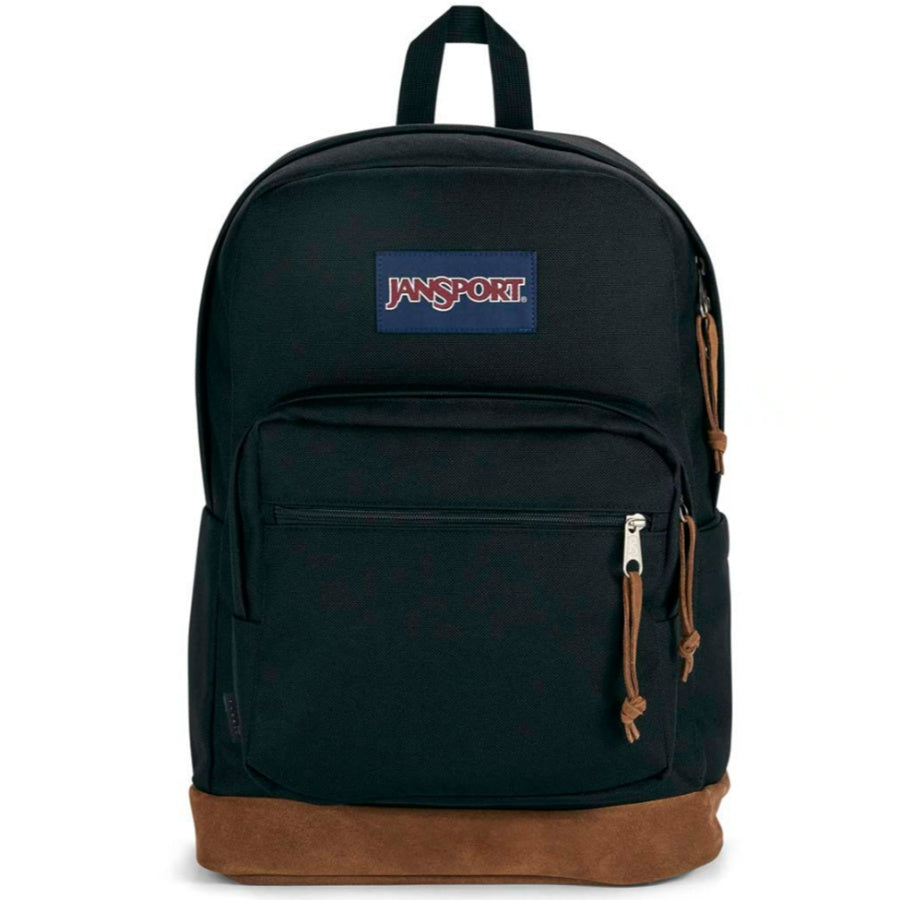Black backpack with brown bottom section and Jansport logo on a white background