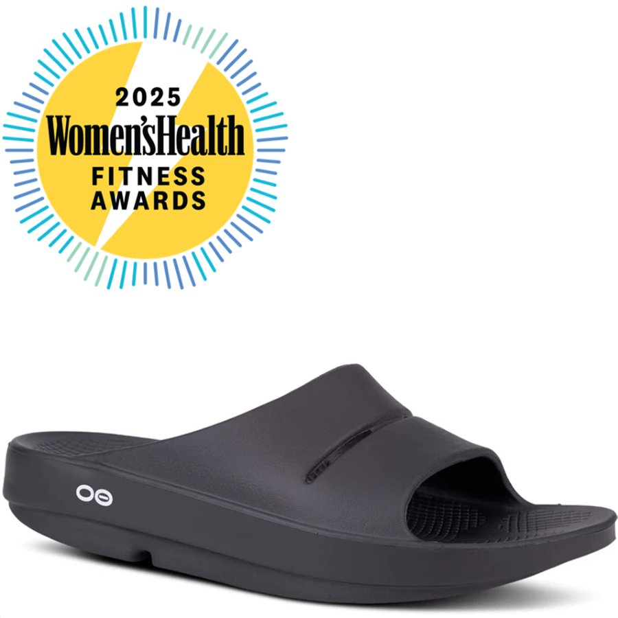Black slide sandal with Women's Health Fitness Awards logo on a white background