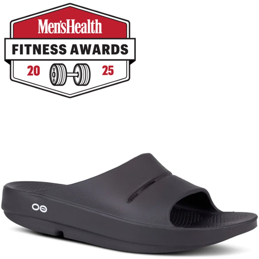 Black slide sandal with Men's Health Fitness Awards logo on a white background