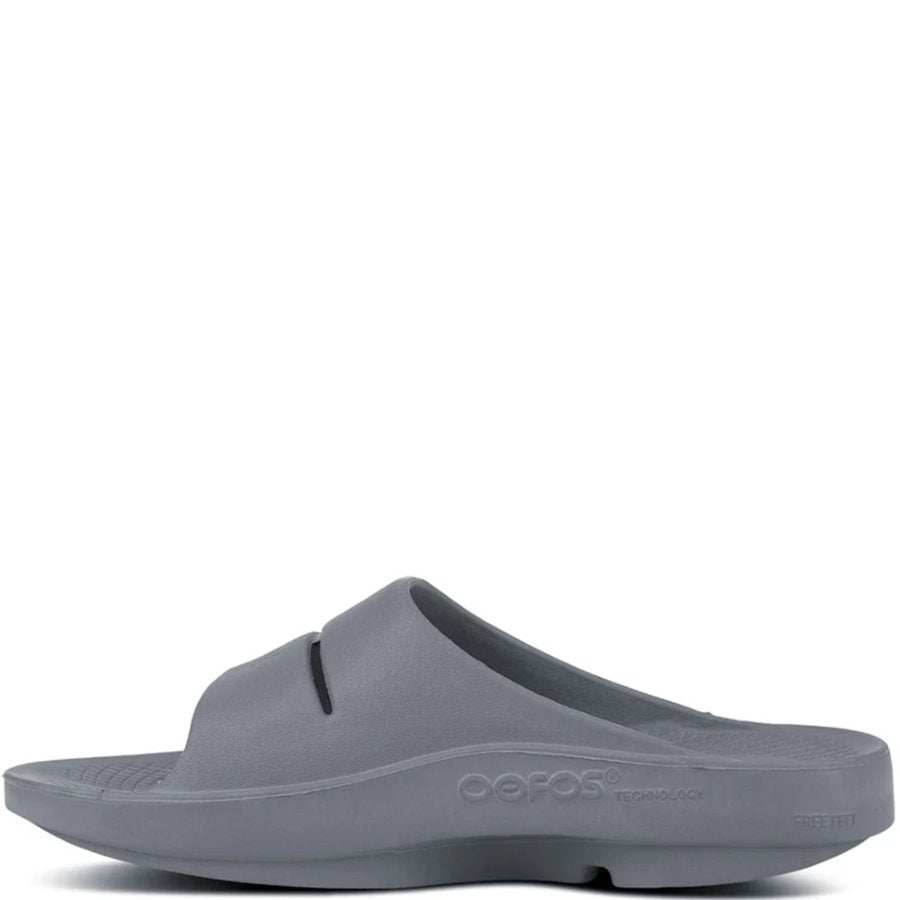 Gray slide sandal with 'Oofos' branding on a white background