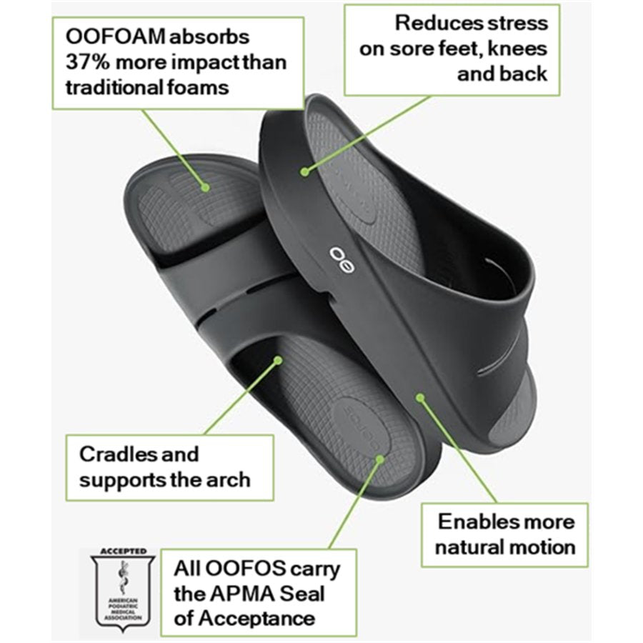Black OOFOS shoe with features highlighted on a white background