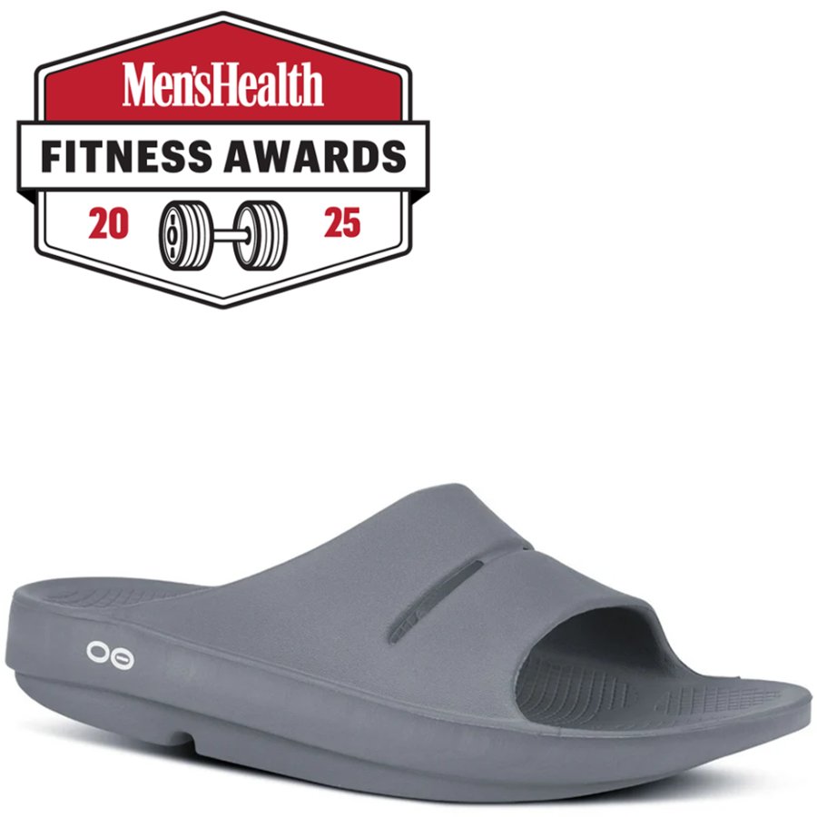 Gray slide sandal with Men's Health Fitness Awards badge on a white background