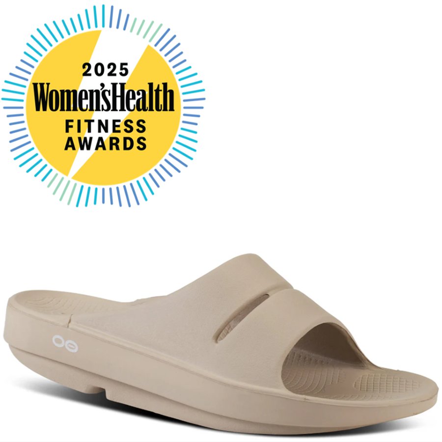 Beige slide sandal with Women's Health Fitness Awards logo on a white background
