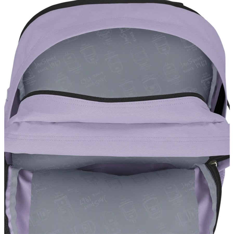 Close-up of a purple Jansport backpack.