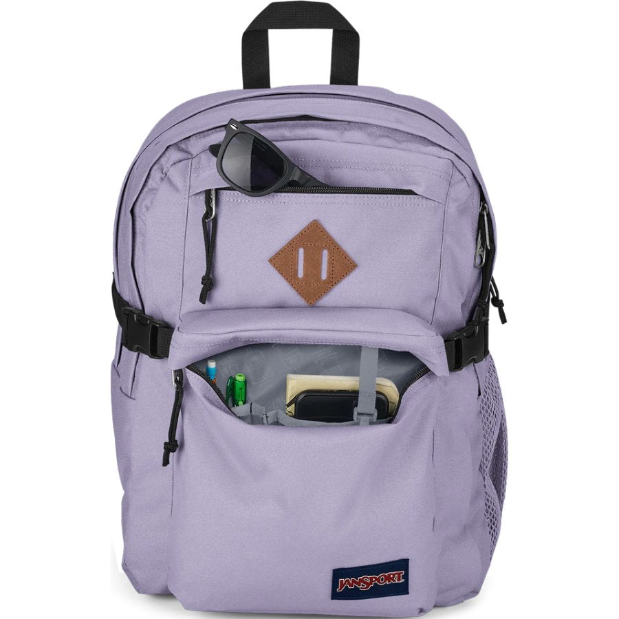 Purple Jansport backpack with a brand logo on a white background