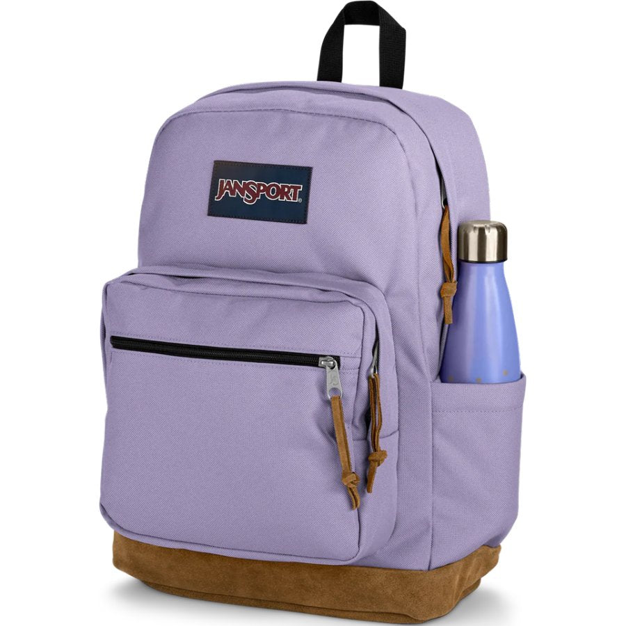 Purple Jansport backpack with a brown bottom section and a water bottle, on a white background
