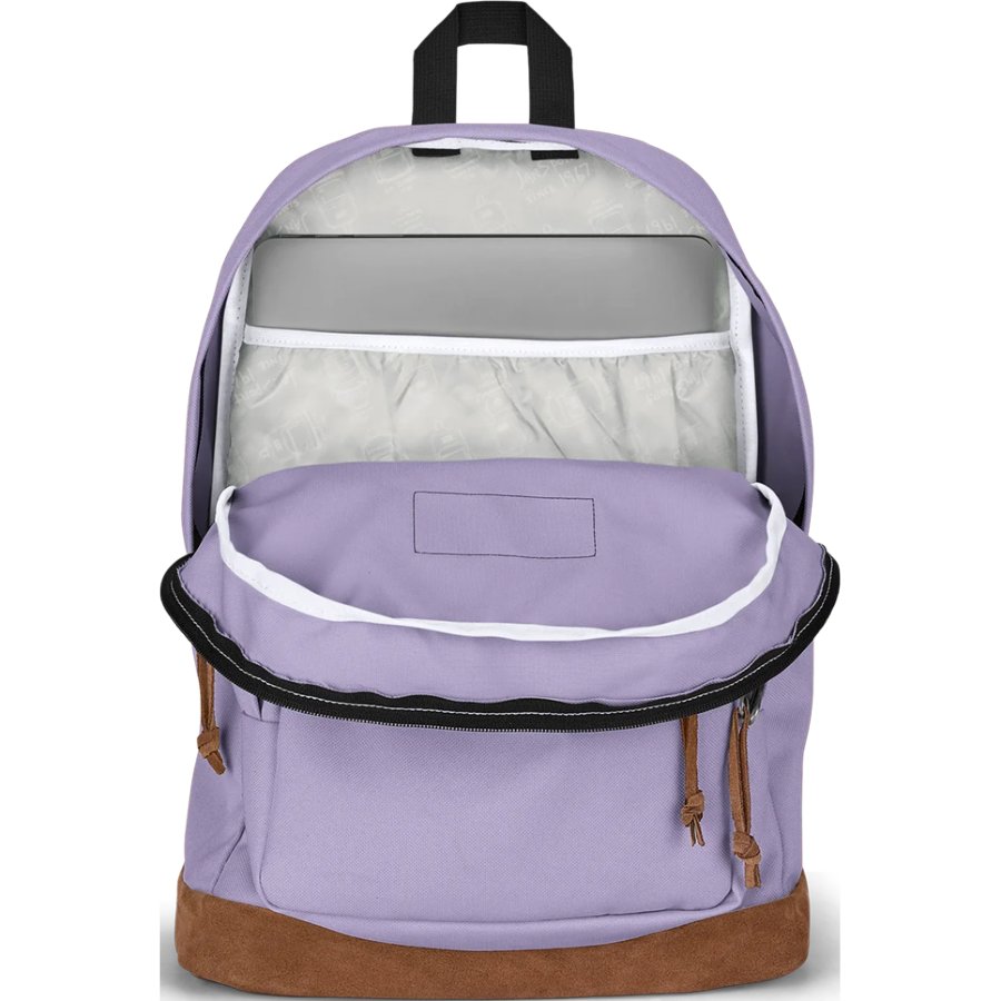 Purple Jansport backpack with a brown bottom section on a white background