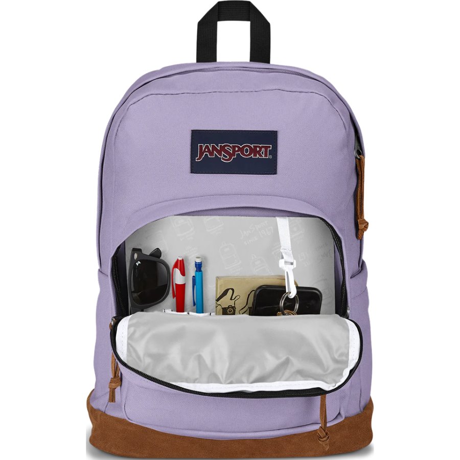 Purple backpack with brown accents and JanSport logo, open to show contents on a white background