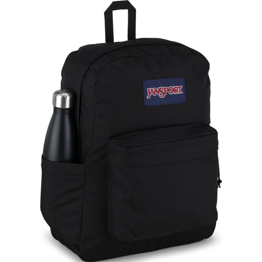 Black Jansport backpack with a water bottle on a white background