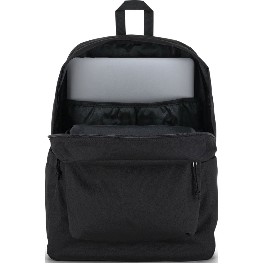 Black Jansport backpack with a laptop compartment on a white background