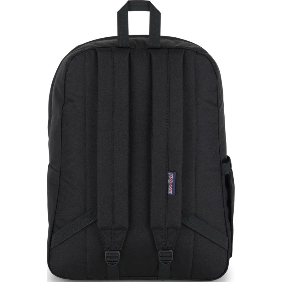 Black Jansport backpack with a visible brand logo on a white background