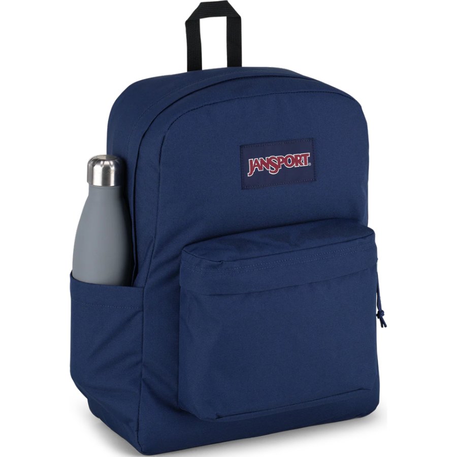 Blue Jansport backpack with a water bottle in front pocket on a white background