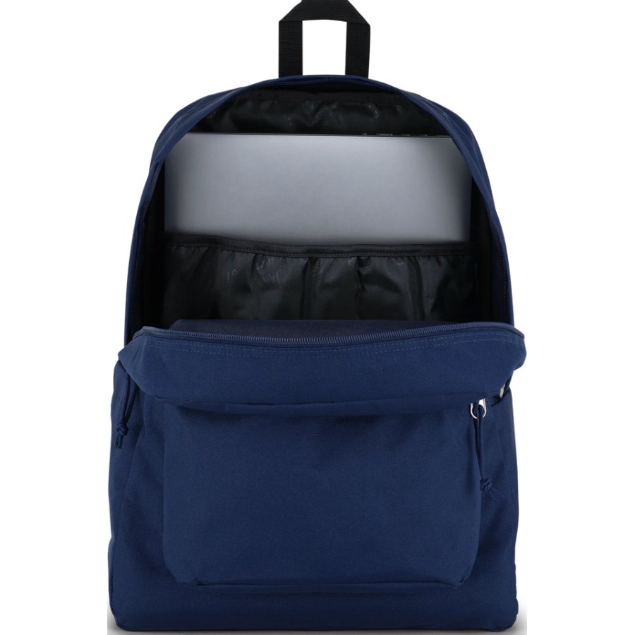 Blue Jansport backpack with open front pocket on a white background