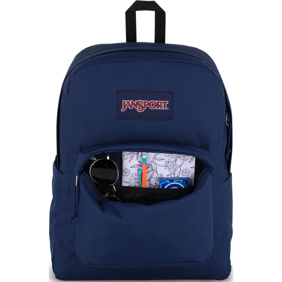 Navy blue backpack with a visible JanSport logo on a white background