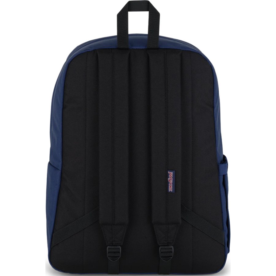 Blue and black Jansport backpack with a visible brand logo on a white background