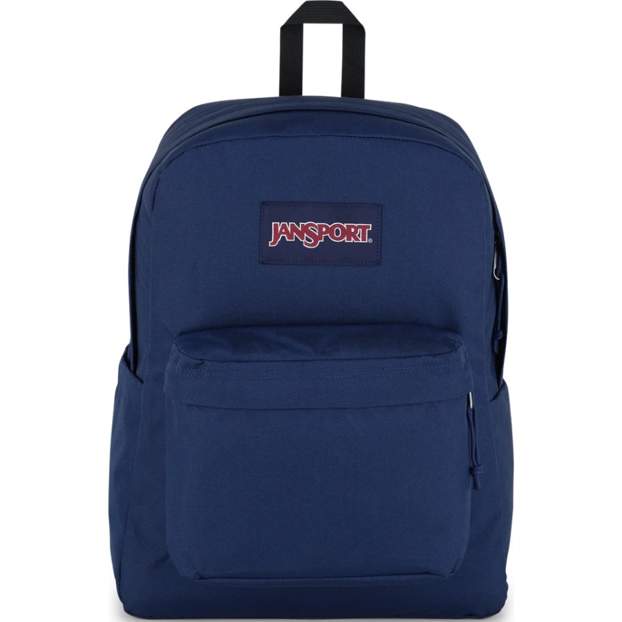 Navy blue backpack with JanSport logo on a white background