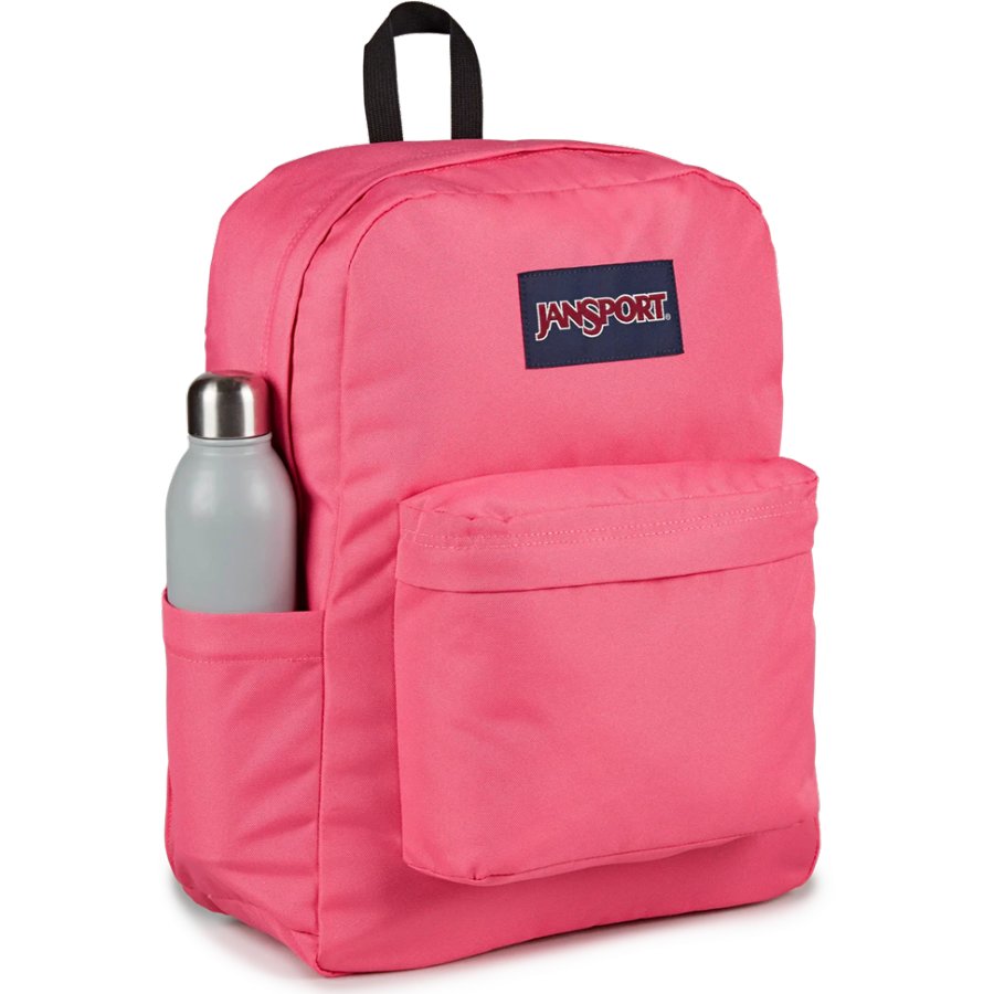 Pink Jansport backpack with a water bottle on a white background